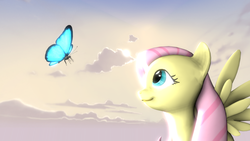 Size: 1280x720 | Tagged: safe, artist:thornix, fluttershy, butterfly, pegasus, pony, g4, 3d, cloud, female, flying, looking up, profile, sky, solo