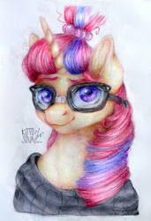 Size: 2084x3048 | Tagged: safe, artist:kotosova, moondancer, g4, female, glasses, high res, simple background, solo, traditional art