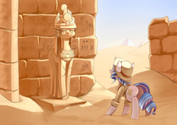 Size: 3507x2480 | Tagged: safe, artist:underpable, oc, oc only, oc:opuscule antiquity, pony, unicorn, clothes, commission, desert, egypt, egyptian, explorer outfit, exploring, female, hat, high res, looking at something, mare, pith helmet, pyramid, solo, statue