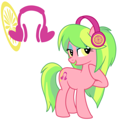 Size: 1000x1000 | Tagged: safe, artist:luckyclau, lemon zest, equestria girls, g4, alternate cutie mark, alternate hairstyle, alternate universe, cutie mark, cutie mark background, equestria girls ponified, female, headphones, open mouth, ponified, raised hoof, simple background, solo, transparent background