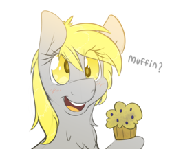 Size: 3000x2600 | Tagged: safe, artist:fluffyxai, derpy hooves, pegasus, pony, g4, blushing, chest fluff, cute, derpabetes, female, fluffy, food, high res, hoof hold, looking at you, mare, muffin, open mouth, simple background, smiling, solo, that pony sure does love muffins, white background