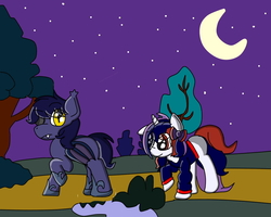 Size: 1280x1024 | Tagged: safe, artist:soulfulserenade, oc, oc only, oc:deadeye, oc:mindful behavior, pony, unicorn, bush, clothes, eyepatch, katakan, moon, night, sweater, tree