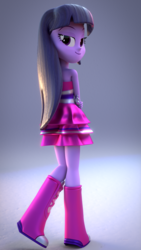 Size: 1080x1920 | Tagged: safe, artist:efk-san, twilight sparkle, equestria girls, g4, 3d, blender, boots, fall formal outfits, female, gradient background, high heel boots, lidded eyes, looking at you, looking back, raised leg, sleeveless, smiling, solo, twilight ball dress
