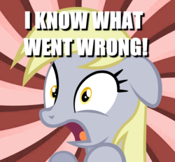 Size: 960x888 | Tagged: safe, derpy hooves, pegasus, pony, g4, female, i just don't know what went wrong, i know exactly what went wrong, image macro, mare, meme, realization, shocked, solo, subversion, subverted meme, sudden realization, sunburst background, underp