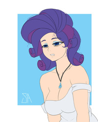 Size: 1280x1600 | Tagged: safe, artist:souladdicted, rarity, human, g4, breasts, cleavage, clothes, drool, female, humanized, jewelry, messy mane, necklace, off shoulder, solo, tired