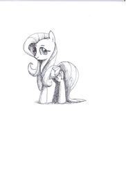 Size: 10200x14016 | Tagged: safe, artist:ferexes, fluttershy, g4, absurd resolution, crosshatch, female, folded wings, looking at you, monochrome, raised hoof, sketch, solo, traditional art