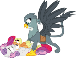 Size: 4692x3578 | Tagged: safe, artist:ironm17, apple bloom, gabby, scootaloo, sweetie belle, griffon, pony, g4, the fault in our cutie marks, absurd resolution, bag, cutie mark, cutie mark crusaders, female, filly, happy, scared, simple background, smiling, the cmc's cutie marks, transparent background, vector
