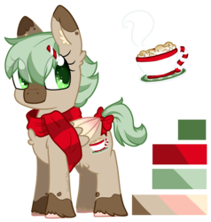 Size: 1339x1407 | Tagged: safe, artist:cloureed, oc, oc only, oc:cocoa mint, pegasus, pony, bow, chocolate, clothes, color palette, cutie mark, fluffy, food, hot chocolate, peppermint, pygmy, reference sheet, scarf, simple background, solo, tail bow, transparent background