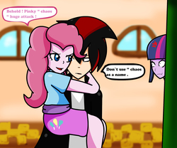 Size: 1838x1532 | Tagged: safe, artist:soul-yagami64, pinkie pie, twilight sparkle, equestria girls, g4, clothes, crossover, dialogue, male, shadow the hedgehog, skirt, sonic the hedgehog, sonic the hedgehog (series), speech bubble