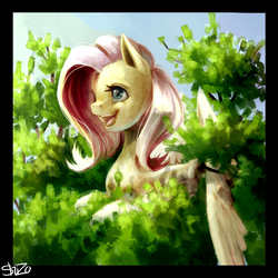 Size: 2200x2200 | Tagged: safe, artist:shisorus, fluttershy, g4, female, high res, open mouth, prone, smiling, solo, tree, tree top