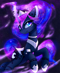 Size: 1730x2100 | Tagged: safe, artist:magnaluna, princess luna, alicorn, pony, g4, body markings, color porn, colored pupils, curved horn, cute, female, galaxy mane, horn, looking at you, lunabetes, magic, mare, smiling, solo