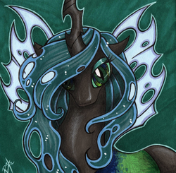 Size: 1024x1005 | Tagged: safe, artist:raxamermaid, queen chrysalis, changeling, changeling queen, g4, bust, female, looking at you, solo, traditional art