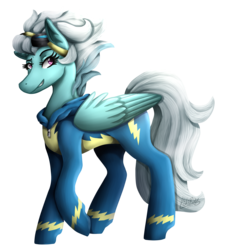 Size: 1681x1800 | Tagged: safe, artist:monnarcha, fleetfoot, g4, clothes, female, goggles, raised hoof, simple background, solo, transparent background, wonderbolts uniform