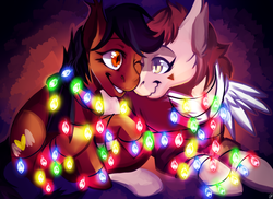 Size: 1584x1152 | Tagged: safe, artist:afterdarkpark, oc, oc only, oc:nuke, oc:speck, bat pony, pony, christmas lights, duo, female, husband and wife, male, married couple, married couples doing married things, nuzzling, speke