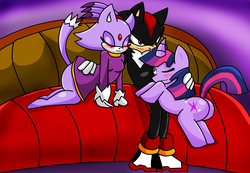 Size: 2096x1452 | Tagged: safe, artist:soul-yagami64, twilight sparkle, g4, bad anatomy, blaze the cat, butt, crossover, male, plot, shadow the hedgehog, sonic the hedgehog, sonic the hedgehog (series)