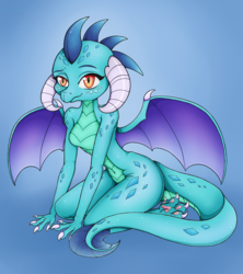 Size: 888x1000 | Tagged: safe, artist:mailinya, princess ember, dragon, anthro, g4, gauntlet of fire, barbie doll anatomy, breasts, claws, featureless breasts, female, gradient background, kneeling, looking at you, paw pads, paws, sexy, slit pupils, smiling, solo, spread wings, underpaw