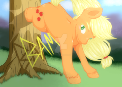 Size: 1600x1137 | Tagged: safe, artist:mistyshimmer101, applejack, g4, bucking, female, hatless, missing accessory, smiling, solo, tree, unshorn fetlocks, watermark