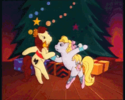 Size: 450x360 | Tagged: safe, screencap, cheval, meadowlark, earth pony, pony, g1, my little pony tales, send in the clown, animated, ballerina, ballet, ballet slippers, bipedal, bow, christmas, clara, couple, crown, dancing, en pointe, female, finger turn, gif, graceful, hair bow, jewelry, pointe, present, prince, regalia, sash, ship:chevalark, shipping, solo, stage, the nutcracker, tree, waltz