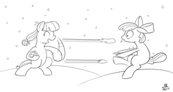 Size: 1280x685 | Tagged: safe, artist:feralroku, apple bloom, lily longsocks, g4, eyes closed, missing cutie mark, sketch, snow, snowball, snowball fight