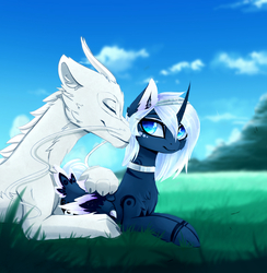 Size: 2400x2462 | Tagged: safe, artist:magnaluna, princess luna, oc, oc:zefiroth, alicorn, dragon, pony, g4, alternate design, alternate universe, canon x oc, cheek fluff, chest fluff, choker, claws, cloud, colored pupils, couple, cuddling, ear fluff, eyes closed, eyeshadow, female, field, fluffy, folded wings, grass, hairband, high res, leg fluff, lidded eyes, makeup, male, mare, nuzzling, paws, prone, reflection, runes, shipping, sky, smiling, snuggling, sparkly wings, straight, whiskers, white-haired luna, wing claws, wings