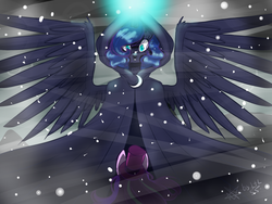 Size: 1600x1200 | Tagged: safe, artist:ltlka55, princess luna, snowfall frost, spirit of hearth's warming yet to come, starlight glimmer, a hearth's warming tail, g4, duo, glowing horn, horn, spread wings