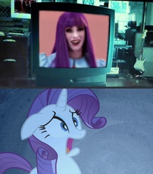 Size: 631x719 | Tagged: safe, artist:rene-owen, rarity, twilight sparkle, human, equestria girls, g4, my little pony & equestria girls el show en vivo, clothes, cosplay, costume, horrified, irl, irl human, meme, photo, television, the ring