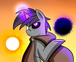 Size: 2284x1855 | Tagged: dead source, safe, artist:radek1212, shadow lock, pony, unicorn, g4, spoiler:comic51, black sclera, cloak, clothes, frown, glare, glowing eyes, glowing horn, gradient background, horn, magic, male, scar, slit pupils, solo, stallion