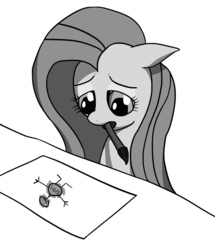 Size: 1936x2256 | Tagged: safe, artist:waffleberry, fluttershy, g4, black and white, cyrillic, disappointed, dissatisfied, drawing, female, first you draw a circle, floppy ears, grayscale, looking down, monochrome, paintbrush, paper, russian, sad, simple background, solo, stick figure, white background