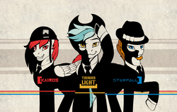 Size: 4000x2543 | Tagged: safe, artist:wwredgrave, oc, oc only, oc:kairos ray, oc:starfall spark, oc:thunder light, pony, army helmet, clothes, cowboy hat, fedora, hat, helmet, male, poster, smiling, stallion, trio, tuxedo, wallpaper