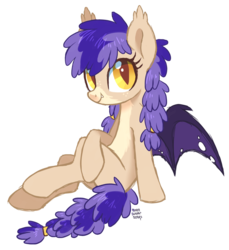 Size: 1024x1120 | Tagged: dead source, safe, artist:hawthornss, oc, oc only, oc:lulle bye, bat pony, pony, cute, looking at you, moonsugar is trying to kill us, simple background, sitting, smiling, solo, spread wings, transparent background