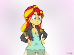 Size: 1631x1200 | Tagged: safe, artist:mildockart, sunset shimmer, equestria girls, g4, breasts, clothes, female, heroic, pants, solo