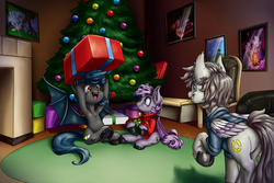 Size: 3600x2400 | Tagged: safe, artist:aphexangel, oc, oc only, oc:nuke, oc:sirocca, oc:speck, bat pony, pegasus, pony, christmas, christmas tree, female, high res, husband and wife, male, married couple, married couples doing married things, present, speke, spread wings, tree, trio, ugly christmas sweater, underhoof, unshorn fetlocks