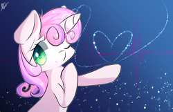 Size: 1964x1271 | Tagged: safe, artist:kawaiipony2, sweetie belle, g4, abstract background, bust, colored pupils, cute, female, heart, looking at you, one eye closed, raised hoof, signature, smiling, solo, wink