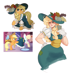 Size: 1280x1308 | Tagged: safe, artist:sundown, artist:うめぐる, screencap, applejack, human, pony, g4, magical mystery cure, clothes, dress, ear piercing, earring, eyeshadow, fan, female, gloves, hat, humanized, jewelry, makeup, piercing, puffy sleeves, simple background, solo, swapped cutie marks, white background
