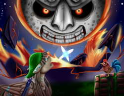 Size: 1024x792 | Tagged: safe, artist:crecious, oc, oc only, fairy, pegasus, pony, body markings, crossover, master sword, moon, rooster, scary, termina's moon, the legend of zelda, the legend of zelda: majora's mask, watermark
