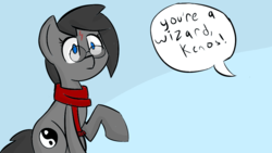 Size: 854x480 | Tagged: safe, artist:provolonepone, derpibooru exclusive, oc, oc only, oc:kenos, earth pony, pony, clothes, glasses, harry potter (series), reference, scarf, solo, surprised, wizard