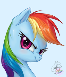 Size: 2480x2917 | Tagged: safe, artist:ogre, rainbow dash, g4, blue background, blushing, bust, confident, cute, dashabetes, determined, ear fluff, female, high res, looking at you, nose wrinkle, pixiv, portrait, simple background, smiling, solo