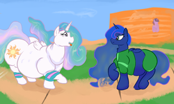 Size: 2500x1500 | Tagged: safe, artist:lupin quill, princess celestia, princess luna, twilight sparkle, belly, chubbylestia, clothes, dust, exercise, fat, panting, princess moonpig, royal sisters, running, sweat, sweatband, sweatdrop, tracksuit