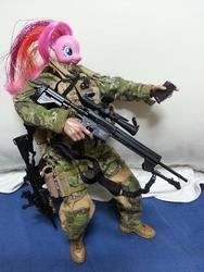 Size: 2448x3264 | Tagged: safe, pinkie pie, earth pony, anthro, g4, ball jointed doll, brushable, designated marksman rifle, gun, high res, irl, photo, toy, toy mods, wat, weapon