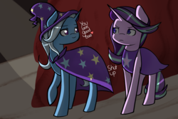 Size: 1280x853 | Tagged: safe, artist:doodledonut, starlight glimmer, trixie, pony, unicorn, g4, bae, cape, clothes, cute, dialogue, diatrixes, duo, female, flirting, glimmerbetes, heart, horn, lesbian, lidded eyes, looking at each other, mare, ship:startrix, shipping, smiling, trixie's cape, trixie's hat, tsundere