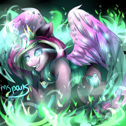 Size: 2500x2500 | Tagged: safe, artist:magmasparks, queen chrysalis, alicorn, changeling, pony, g4, changeling magic, character to character, crown, digital art, disguise, disguised changeling, evil smile, fake cadance, fangs, female, fire, green fire, grin, high res, hoof shoes, jewelry, magic, mare, peytral, regalia, shapeshifting, smiling, solo, spread wings, teeth, transformation