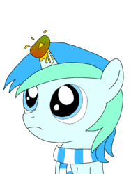Size: 1200x1600 | Tagged: safe, artist:toyminator900, oc, oc only, oc:cyan lightning, pony, unicorn, clothes, colt, eyes on the prize, food, horn, horn impalement, male, mango, scarf, silly, silly pony, simple background, solo, transparent background