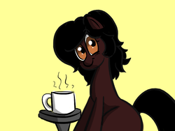 Size: 800x600 | Tagged: safe, oc, oc only, oc:mocha bean, earth pony, pony, clean, coffee, coffee mug, female, simple background, solo, table