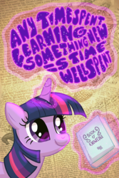 Size: 800x1200 | Tagged: safe, artist:1trick, twilight sparkle, g4, book, female, glowing, glowing horn, horn, levitation, magic, motivational poster, solo, telekinesis, text