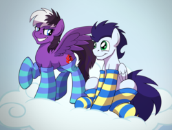 Size: 2462x1862 | Tagged: safe, artist:drawponies, soarin', oc, oc:stormblaze, pegasus, pony, g4, clothes, cloud, commission, raised hoof, sitting, smiling, socks, spread wings, striped socks