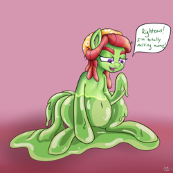 Size: 1800x1800 | Tagged: safe, artist:novaspark, tree hugger, goo pony, original species, g4, adorasexy, belly, belly button, cute, dialogue, gradient background, lidded eyes, melting, open mouth, sexy, simple background, sitting, smiling, solo, transformation