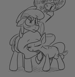 Size: 1123x1157 | Tagged: dead source, safe, artist:storyteller, oc, oc only, oc:cherry sweetheart, oc:omelette, earth pony, pony, blushing, cute, eyes closed, gray background, grayscale, heart, heartbeat, hoof hold, listening, monochrome, nervous, scrunchy face, shy, simple background, smiling, sweat