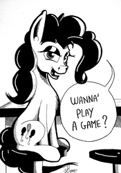 Size: 1368x1950 | Tagged: safe, artist:mrpenceaul, pinkie pie, g4, black and white, dialogue, female, grayscale, monochrome, sitting, solo, speech bubble, stool