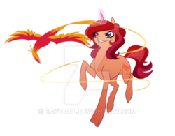 Size: 600x469 | Tagged: safe, artist:basykail, oc, oc only, phoenix, pony, unicorn, concave belly, female, flying, mare, running, simple background, slender, thin, transparent background, watermark