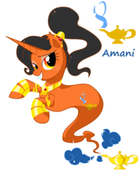 Size: 800x1000 | Tagged: safe, artist:yokokinawa, oc, oc only, oc:amani, genie, genie pony, pony, unicorn, adoptable, armband, ear piercing, jewelry, lamp, necklace, piercing, ponytail, smiling, smoke, solo, sparkles